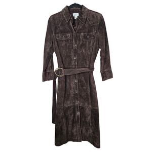 Vintage Y2K Ann Taylor Loft Suede Leather Chocolate Brown Shirt Dress Chic